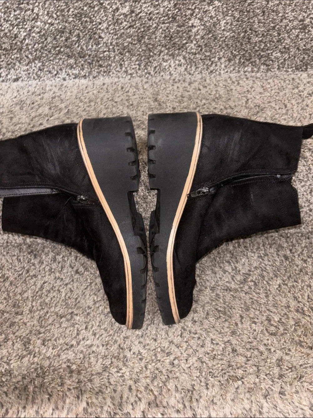 Maurices Black Suede Wedge Ankle Booties with Tan Trim